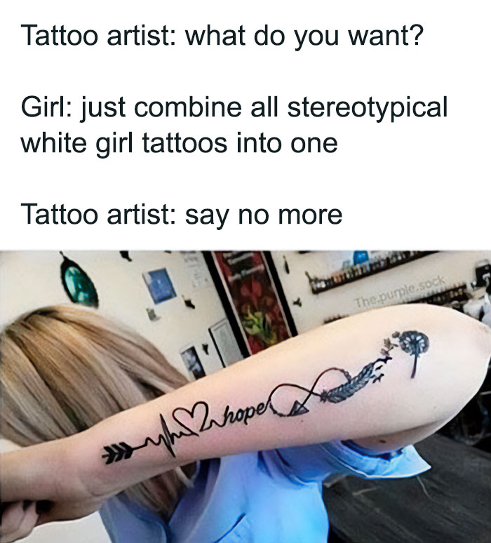 Woman showing off a poorly designed tattoo with heart, arrow, and infinity symbols on forearm in tattoo studio.