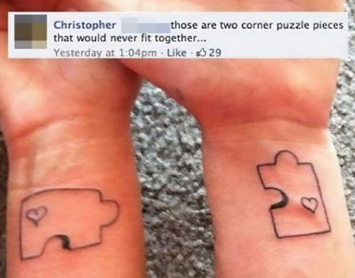 Tattoo of mismatched puzzle pieces on wrists, shared on Instagram page about bad tattoos.