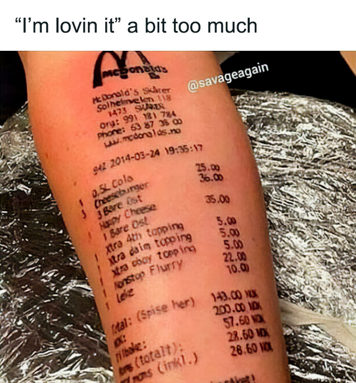 Tattoo of a McDonald's receipt on a forearm, showcasing a unique yet questionable tattoo choice.