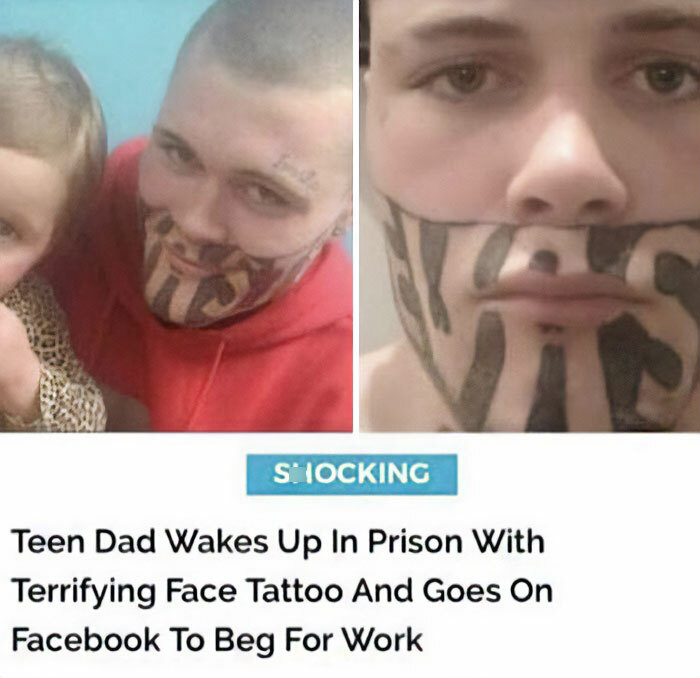 Man with face tattoo unaware of its impact, seeking work through social media; surprising tattoo mishap story.