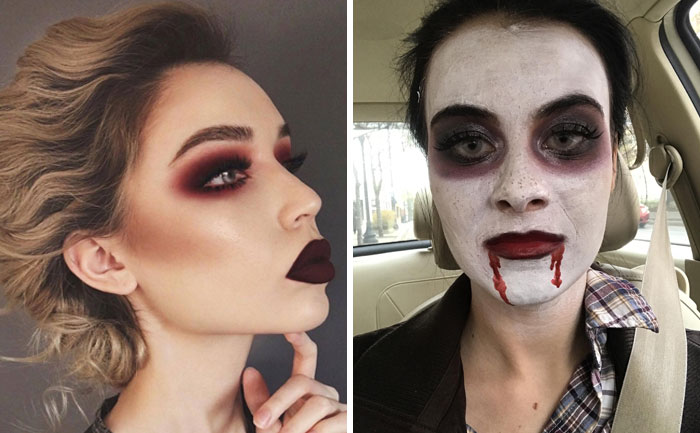 $60 "Professional" Halloween Makeup. I Asked For The Photo On The Left, With Just A Little Fake Blood. On The Right Is What The Makeup Artist Gave Me