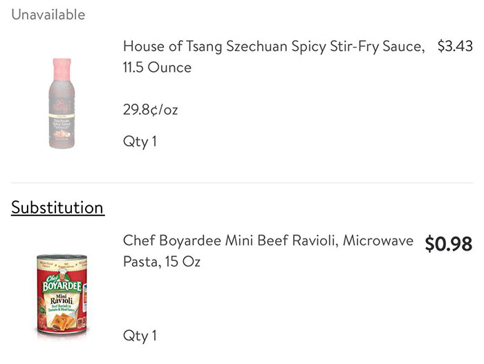 Ordered Walmart Delivery And They Couldn’t Get Me Stir Fry Sauce So They Substituted It For A Can Of Beef Ravioli