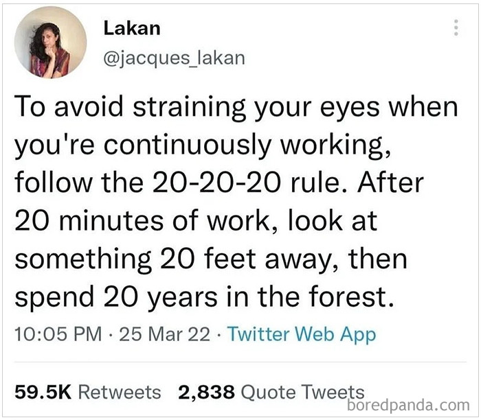 Tweet about the 20-20-20 eye strain rule with a humorous twist from the Introvert Nation Instagram page meme.