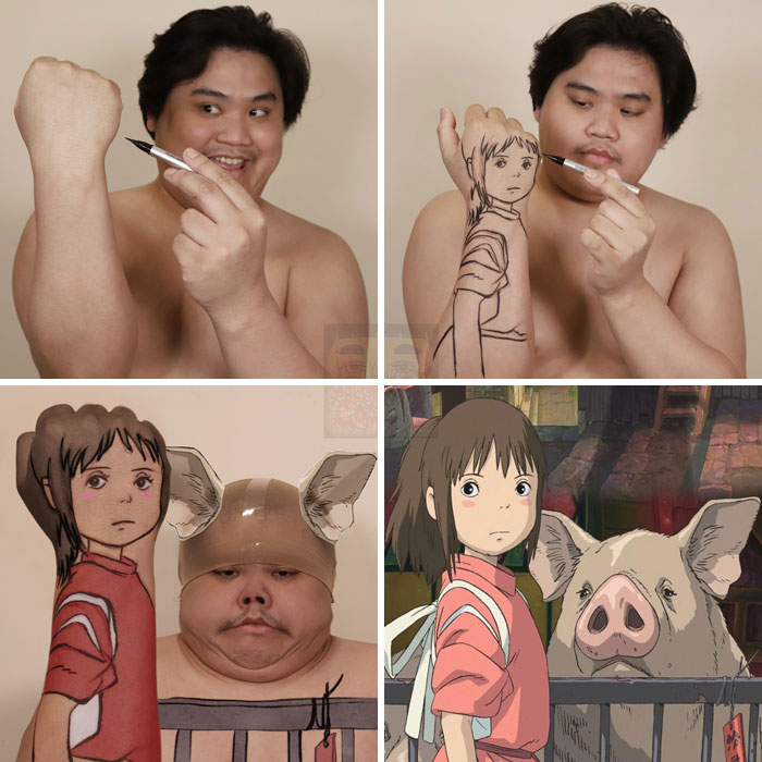 Man cosplay Spirited Away Chihiro and pig characters