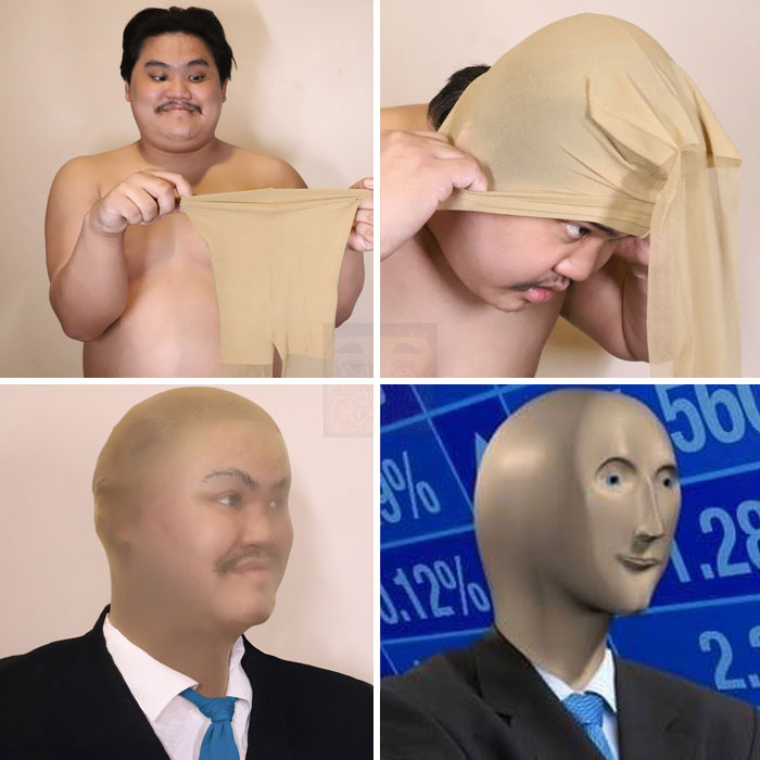 Man cosplay stonks meme