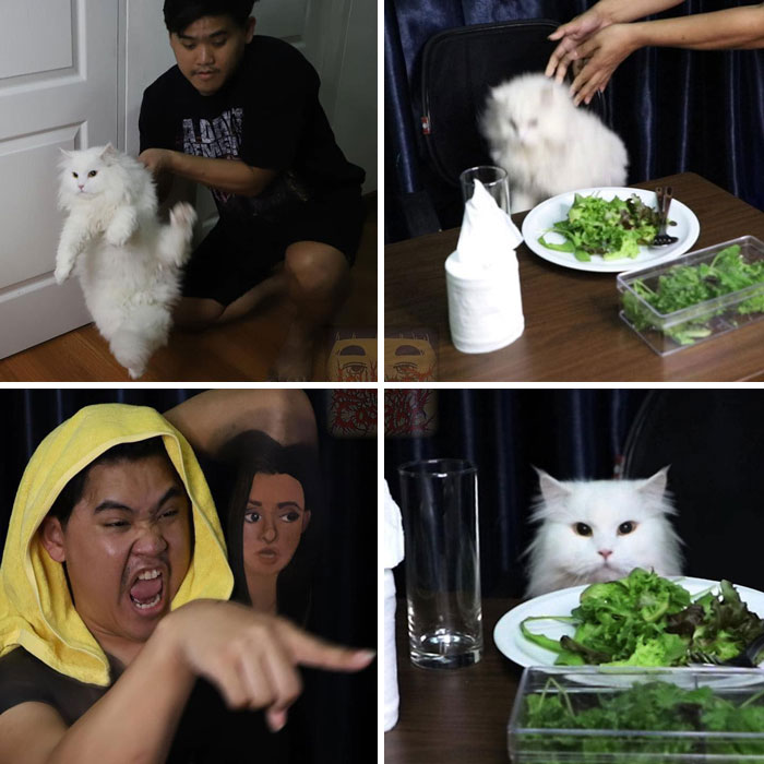Man cosplay white meme cat scene