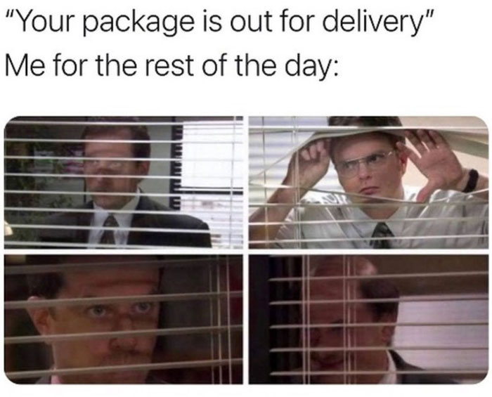 People peeking through blinds, humorously anxious for a package delivery, featured in relatable sarcasm memes.