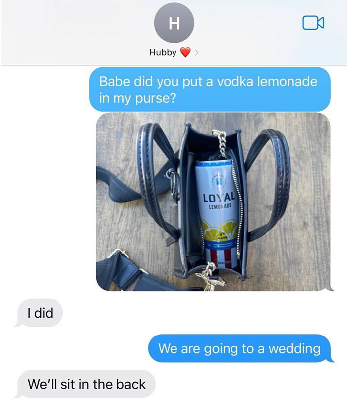 Text conversation about finding a vodka lemonade in a purse, showcasing relatable sarcasm meme humor.