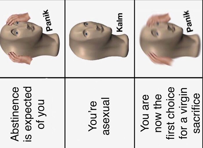 A three-panel meme depicting a humorous take on asexuality with a "panic" and "calm" face.