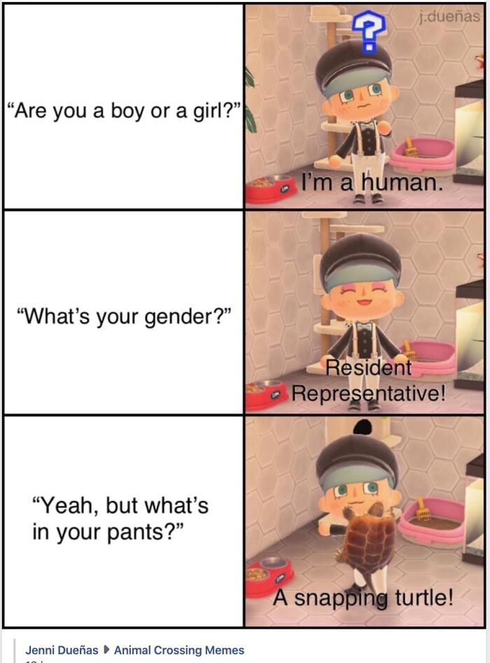 Animal Crossing character humorously responding to questions about gender, featuring a snapping turtle punchline.