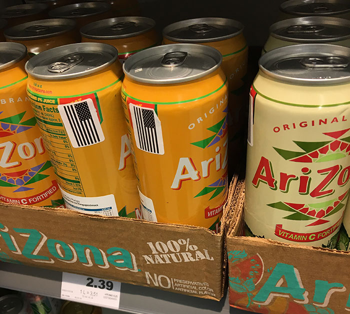 A Grocery Store In Germany Has Started Importing Arizona Ice Tea Cans And Covering Up The 99¢ With Mini American Flag Stickers