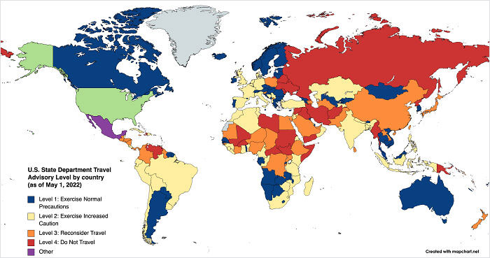 U.S. State Department Travel Advisory Level For U.S. Nationals By Country (As Of May 1, 2022)