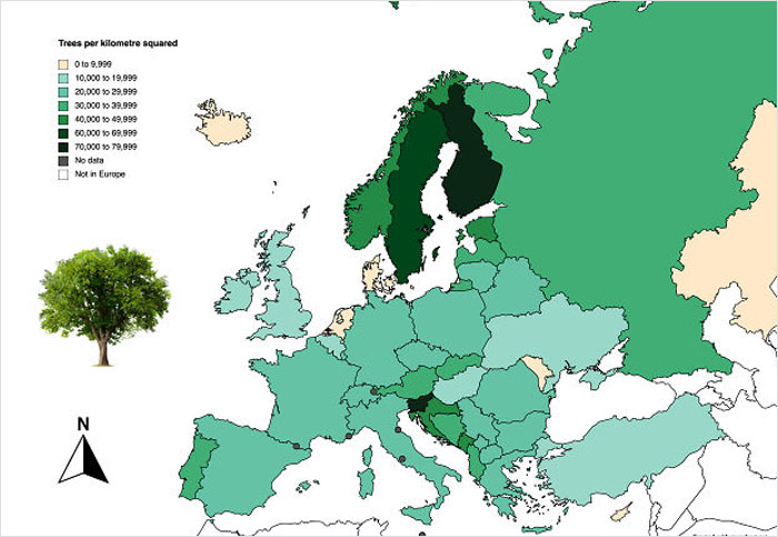 Europe Mapped By Trees Per Kilometre Squared (Tree Density)