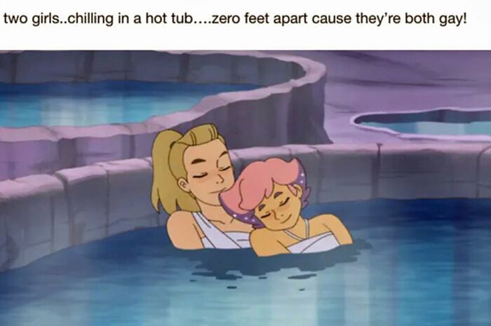 Two animated characters in a hot tub with humorous LGBTQ+ meme text about being close because they're both gay.
