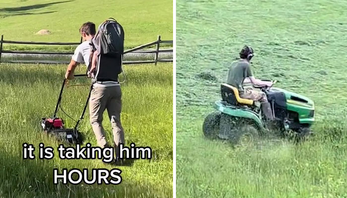 18M People Saw This Video And Loved How These Strangers Jumped In To Help Their New Neighbors After They Bought A Way-Too-Tiny Lawn Mower