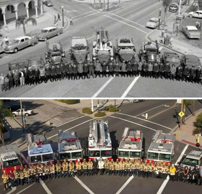 Foto de grupo del Departamento de Bomberos de Redlands 1958 y 2012 en la intersección de la 35 Cajon St, Redlands, California