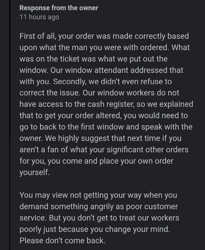 Restaurant Customer Leaves A 1-Star Review Saying She’ll No Longer Support It, Owner Responds And Goes Viral Restaurant Customer Leaves A 1-Star Review Saying She’ll No Longer Support It, Owner Responds And Goes Viral