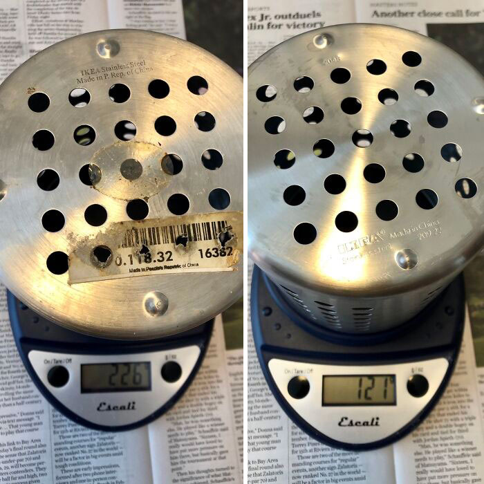 Compré un nuevo portautensilios de IKEA y no dejaba de volcarse. Resulta que tiene las mismas dimensiones y el mismo material que el antiguo que tengo pero no pesa ni la mitad