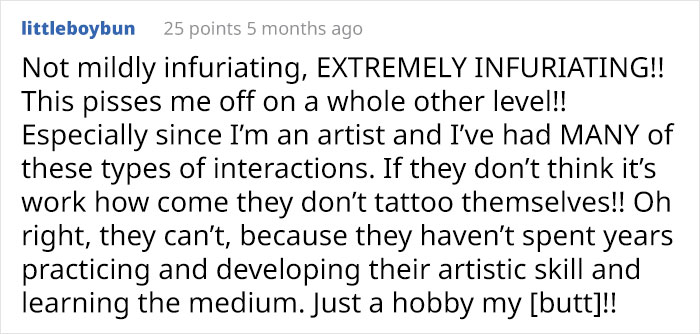 Text exchange about tattooing not being free, artist expresses frustration.