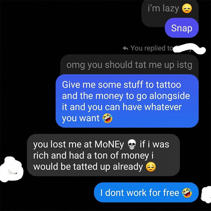 Text conversation about tattoos, highlighting surprise at costs and a reality check from an artist.