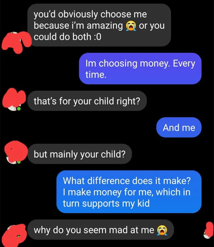 Text exchange about money, client shocked tattoo isn't free, artist explains financial priorities.