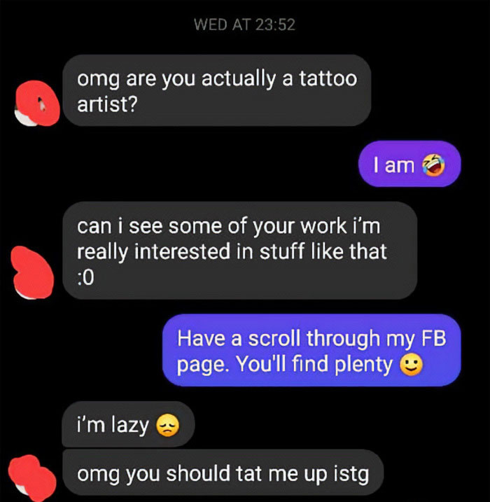 Text exchange about getting a tattoo; client surprised by cost and artist offers a reality check.