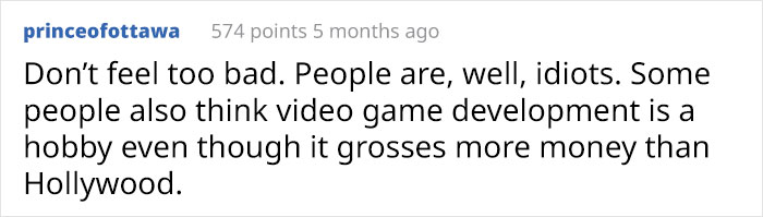 Comment discussing misconceptions about video game development's profitability compared to Hollywood.