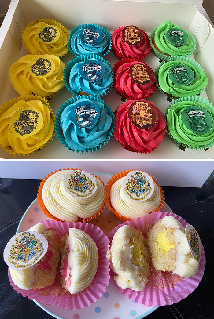 Made 60+ Assorted House Cupcakes For My Son’s Class Cake Sale Tomorrow. Including Some With Mystery-Colored Icing In The Middle To “Sort” The Kids Into Houses