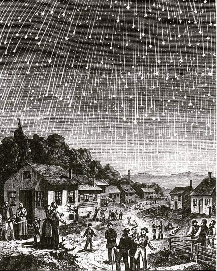 On November 12, 1833, There Was A Meteor Shower So Intense That It Was Possible To See Up To 100,000 Meteors Crossing The Sky Every Hour. At The Time, Many Thought It Was The End Of The World, So Much So That It Inspired This Woodcut By Adolf Vollmy