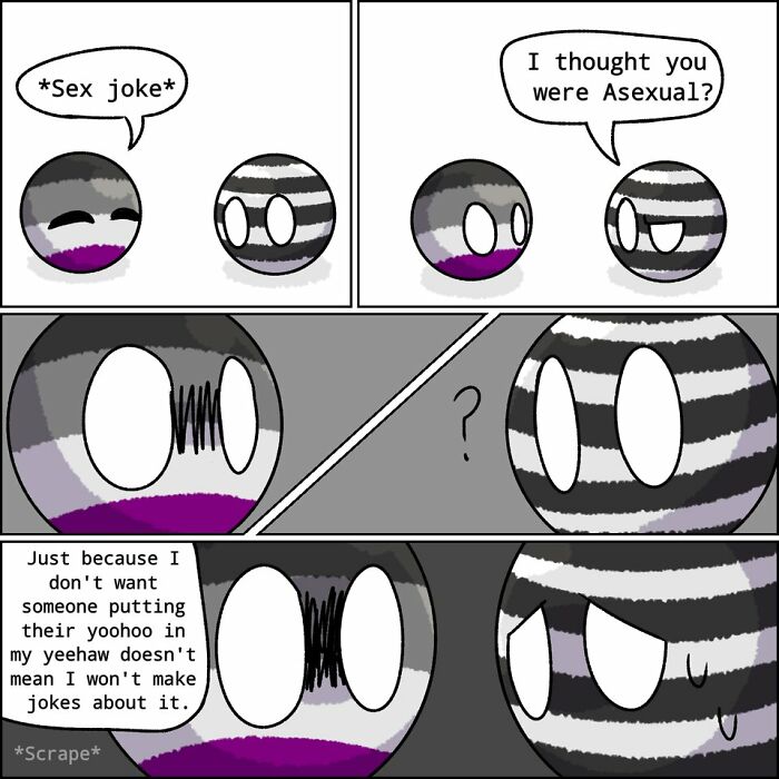 Cartoon with asexual-themed humor: two spherical characters share a joke on asexuality with funny expressions. #LGBTQMemes