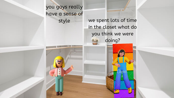 LGBTQ+ meme with cartoon figures in an empty closet sharing a humorous dialogue about spending time in the closet.