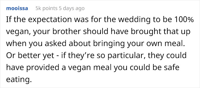  Woman Brings Her Own Food To A Vegan Wedding Because The Couple Didn't Want To Cater To Her Specific Diet, Drama Ensues - 15