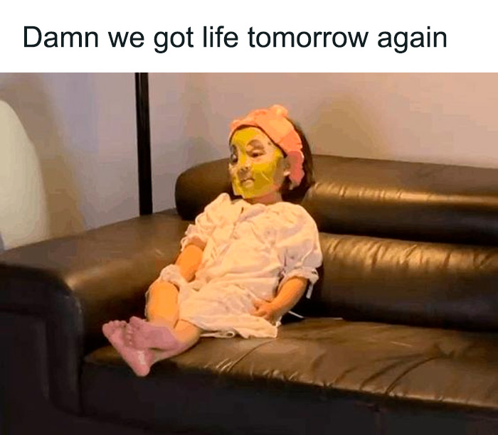Child in face mask and robe sits on couch, looking exhausted. Sarcasm Only meme humor.
