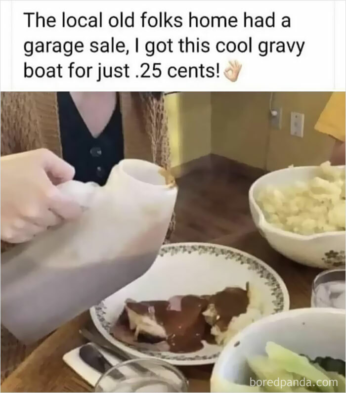 Person pouring homemade gravy from a plastic container onto food, an example of food with threatening auras shared online.
