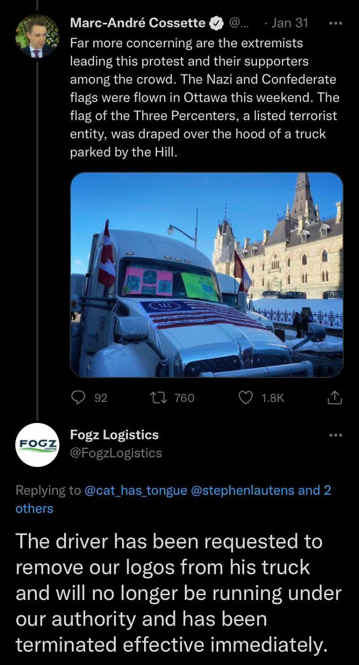 Trucker Fired For Participating In Ottawa Protests With Company Truck While Displaying Right Wing Terrorist Flag