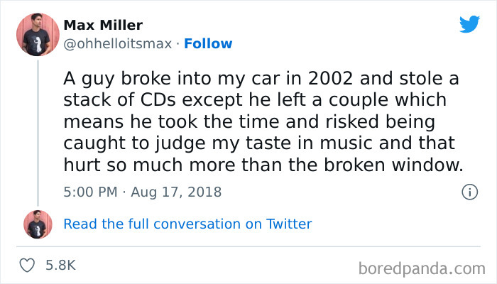Tweet meme about a car break-in and music taste judgment, shared on a popular Instagram page.
