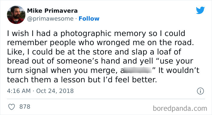 Twitter post meme about seeking revenge on bad drivers with a photographic memory, shared on popular Instagram page.