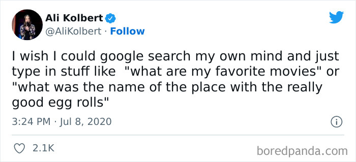 Hilarious meme about wishing to Google search one's own mind for personal queries like favorite movies or egg roll places.
