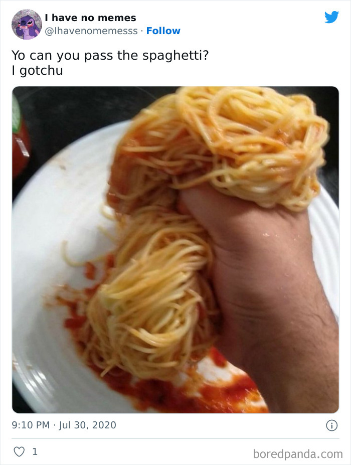 Hand squeezing spaghetti with tomato sauce on white plate, an example of food with threatening auras.