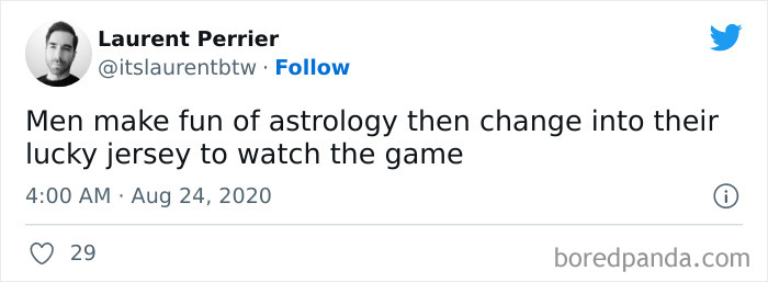 Tweet meme about men mocking astrology but wearing lucky jerseys for games.