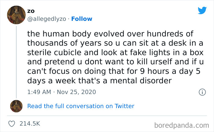 Tweet about anti-work humor highlighting frustration with office life and work-related mental health struggles.