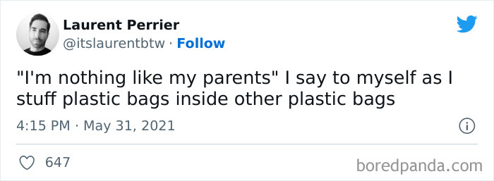 Tweet with a funny meme about trying not to be like one's parents by stuffing plastic bags inside other plastic bags.