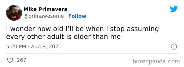 Twitter post shares a hilarious meme about always thinking other adults are older.