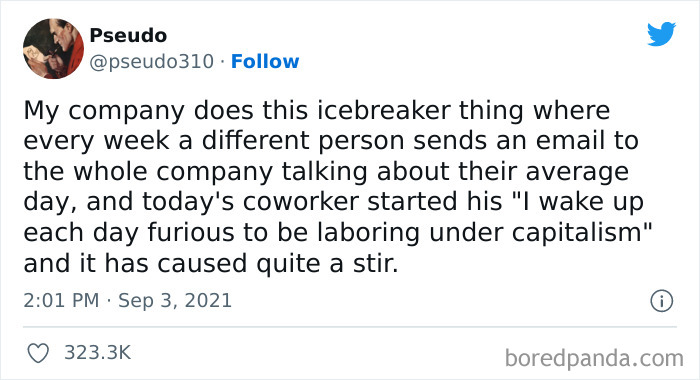 Tweet about an anti-work icebreaker where a coworker expresses frustration with laboring under capitalism, sparking discussion.