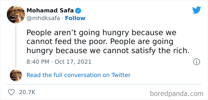 Tweet about hunger and economic inequality, shared as a funny and relatable anti-work post online.