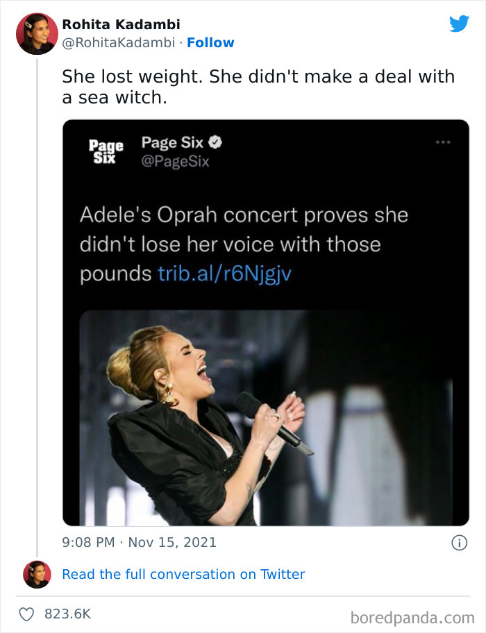 Tweet about Adele disproving weight loss myths, featured in online group sharing That's Not How Women Work moments.