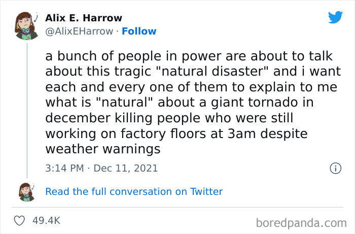 Tweet about factory workers facing dangers during a natural disaster, highlighting relatable anti-work frustrations.