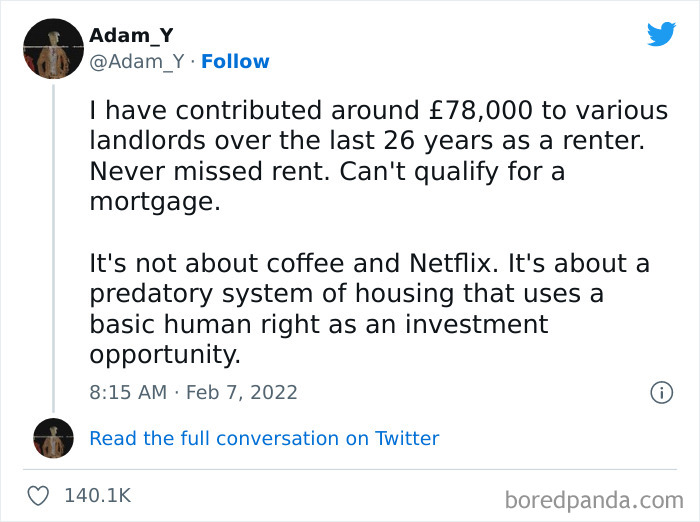 Tweet about frustrations with the housing system, relatable to anti-work and those who hate working.
