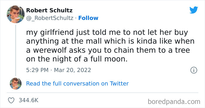 A funny meme comparing a mall request with chaining a werewolf on a full moon night, shared on Instagram.
