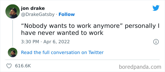 Tweet meme with text about not wanting to work, shared on a popular Instagram page.